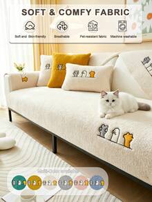 1PC Plush Cat‑Paw Embroidered Sofa Seat Cushion, Soft Fuzzy Teddy Fleece Sofa Cover, Skin‑Friendly Breathable Pet‑Resistant Furniture Protector, Machine Washable Non‑Slip Couch Pad For 1‑2‑3‑4 Seater Sofa - Beige - View 1