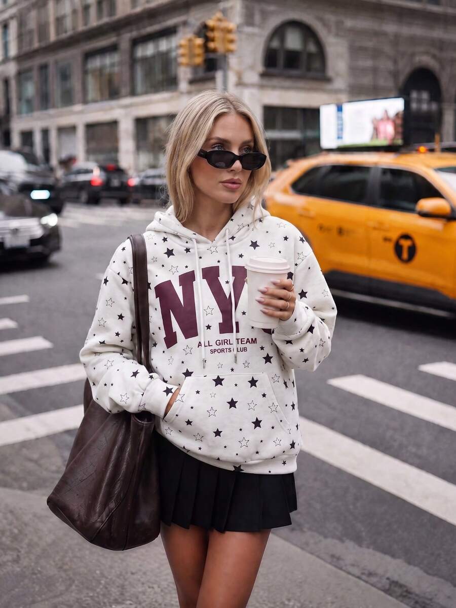 1 chiếc áo nỉ nữ in sao và chữ NYC, vai trễ, dây rút, dáng rộng thoải mái, phong cách đường phố Y2K, thu/đông, đi học - trắng - Xem 1