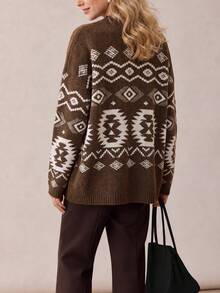 Women's Bohemian Style Knitted Cardigan, V-Neck, Button Front, Long Sleeve, Ribbed Knit Short Sweater, Suitable For Autumn/Winter Wear - Brown - View 3