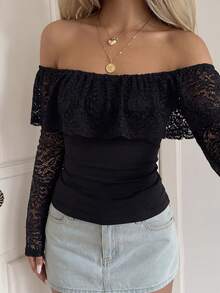 SCARLUX Women Off Shoulder Ruffled Lace Long Sleeve Top,Slim Fit Ruched Solid Black Blouse,Fall Winter Elegant Homecoming Daily Party Streetwear - Black - View 10