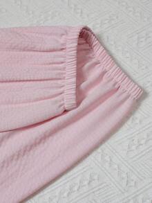 3件組泡泡皺褶純色蝴蝶結刺繡女款睡衣套裝－短袖鈕扣領上衣與短褲＋長褲 - 粉色 - 查看 6