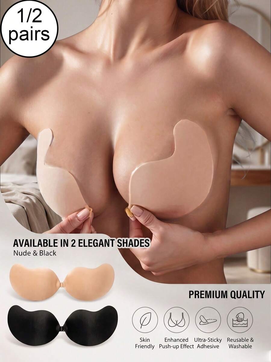 1 Pair Invisible Push-Up Bra, Strapless Backless Seamless Self-Adhesive Bra Pads, Summer Breathable Perforated Mango Cup Bra - Multicolor - View 1