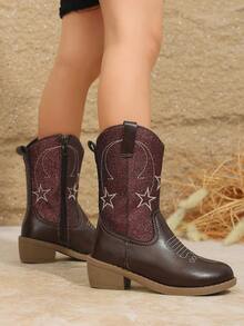 1 Pair Burgundy Glitter Embroidered Girls' Denim Boots, Low Chunky Heel, Mid-Calf Boots, Versatile For Runway And Casual Wear - Burgundy - View 6