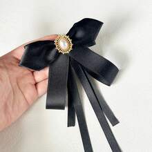1pc Women's Elegant Exquisite Preppy Style Crystal Decorated Accessory, Solid Color Bowknot Ribbon Brooch, Can Be Worn On Shirts And Dresses For Daily Outfits, Backpack And Commute Wear, Banquet And Party Occasions, Holiday Gift - Black - View 3