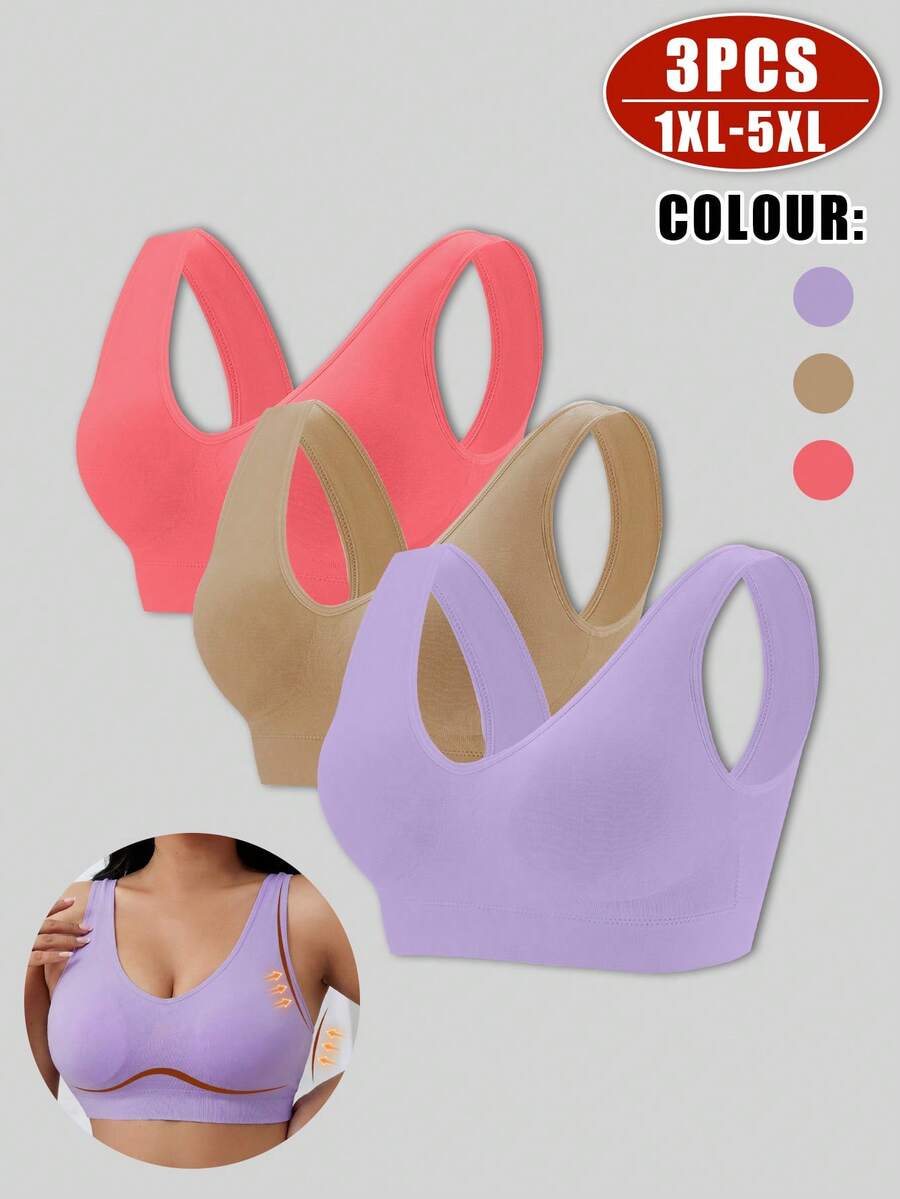 3 Pcs Women's Plus Size Sports Bra, Bras For Women Bralettes For Women Wire-Free,Push-Up,Women's Seamless Sports Bra, Crop Top, Vest - 彩色 - 查看 1