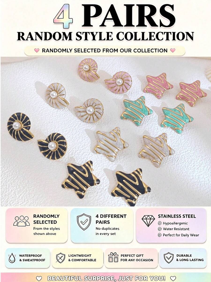 4 Pairs Random Style Stainless Steel Stud Hoop Earrings, Surprise Jewelry For Women, Lightweight Gift For Daily Wear - Multicolor - View 1
