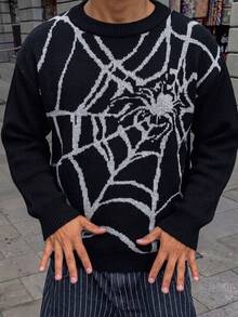 Teen Boys Halloween Spider Pattern Pullover Sweater, Vintage Hip Hop Spider Web Jacquard Knit Top - Black - View 2