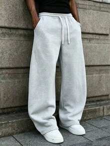Men's Loose Fit Casual Sports Pants, Minimalist Solid Color Wide Leg Design, Drawstring Waist, Large Pockets, Suitable For Daily Wear, Walking, Work, Outdoor Activities. Perfect Father's Day Gift For Dad - Light Grey - View 3
