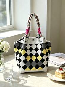 Classic Colorblock Polka Dot Casual Versatile Artistic Bucket Bag, Multi-Functional Daily Commute Handbag, Suitable For Niche Shopping And Dating - Grey - View 3