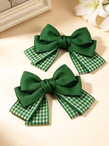 2pcs Kids Green Plaid Print Bow Hair Clips, Versatile Casual Decorative Hair Clips, Suitable For Daily Wear And Outings - Multicolor - View 4
