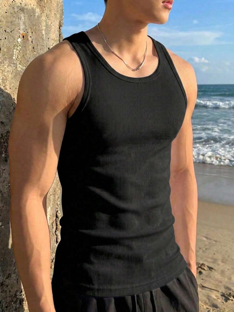 Men's Solid Color Fitness Sports Tank Top, Black, Summer