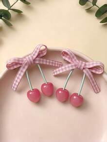 2pcs Pink Plaid Bow Cherry Hair Clips, Sweet Cute Side Bangs Hair Clips, Women's Daily Hair Accessories - Multicolor - View 6
