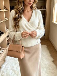 Women's Wrap V-Neck Solid Color Button Long Sleeve Knit Pullover Sweater, French Elegant Soft Comfortable Autumn/Winter Versatile Fashion - Apricot - View 3