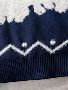 Girls Sweet Cute Puppy Pattern Plush Jacquard Round Neck Long Sleeve Pullover Sweater Knit Top Casual Versatile Suitable For Daily Wear School Spring Autumn Winter - Navy Blue - View 5