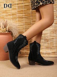 Retro Fringe Cowboy Boots, Pointed Toe Embroidery Flock Surface Chunky Mid Heel Western Ankle Footwear - Black - View 5