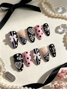 10 Peças Unhas Postiças Formato Amêndoa Médio Preto Nude Rosa Poá 3D Laço Branco Coroa Cadeado Chave Coração Strass Decoração, Estilo Doce Festa Noite das Garotas Unhas Falsas Feitas à Mão, Unhas Pretas, Unhas Nude Rosa, Adesivos de Unhas Y2K, Adesivos de Arte de Unhas Feitos à Mão, Técnicas Simples de Arte de Unhas, Unhas Artificiais, Produzidas em Massa, Unhas Postiças, Unhas Acrílicas Feitas à Mão, Unhas de Volta às Aulas - Multicolorido - Visão 2