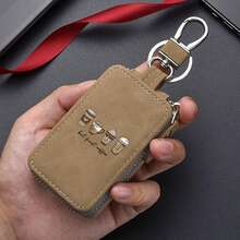 But First Coffee Suede Zipper Keychain Holder With Metal Ring Car Key Pouch - Brown - View 1