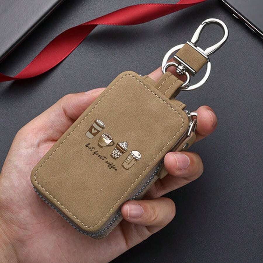 But First Coffee Suede Zipper Keychain Holder With Metal Ring Car Key Pouch - Brown - View 1