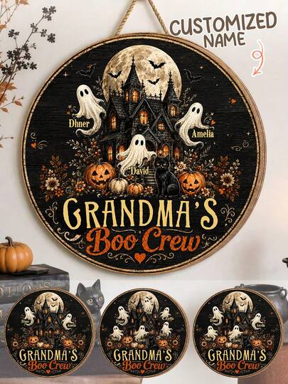 Personlig rund hängande Halloween-familjeskylt, anpassad namnskylt med Halloween-spöke väggdekoration, vintage gotisk design för hösthelg, lämplig för ytterdörr, veranda, entré, vardagsrum, vägg, festdekoration och Halloween-dekoration, Halloween-present till mormor/farmor, morföräldrar, familj och vänner, Halloween-present, personlig Halloween-present, anpassad namngåva, Halloween-dekoration, festdekoration, heminredningsskylt, present till mormor/farmor, present till morföräldrar, höstdekoration, trädgårdsdekoration, svart kattdekoration, dörrskylt, väggdekoration, festdekoration, helgpresent