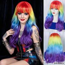 Medium Long Wavy Curly Rainbow Synthetic Hair With Bangs - Natural Looking, Beginner Friendly, Daily Fashion Halloween Cosplay Colorful Holiday Party Costume Wig For Women - Multicolor - View 14