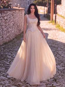 Faeriesty Luxury Elegant Beaded & Sequined Pleated Long Formal Evening Gown Party Wedding Fall - Champagne - View 4