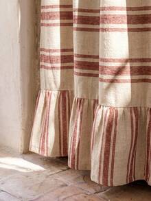 1/2pcs Beige With Red Horizontal Stripes Sink Skirt, Rustic Country Style Fabric Material, Rectangular Top With Gathered Pleats And Bottom Ruffle Details, Storage Concealment And Decorative Function, Kitchen Sink Curtain Suitable For Kitchen Sink Concealment And Rustic Home Decor Scenes - Red - View 3