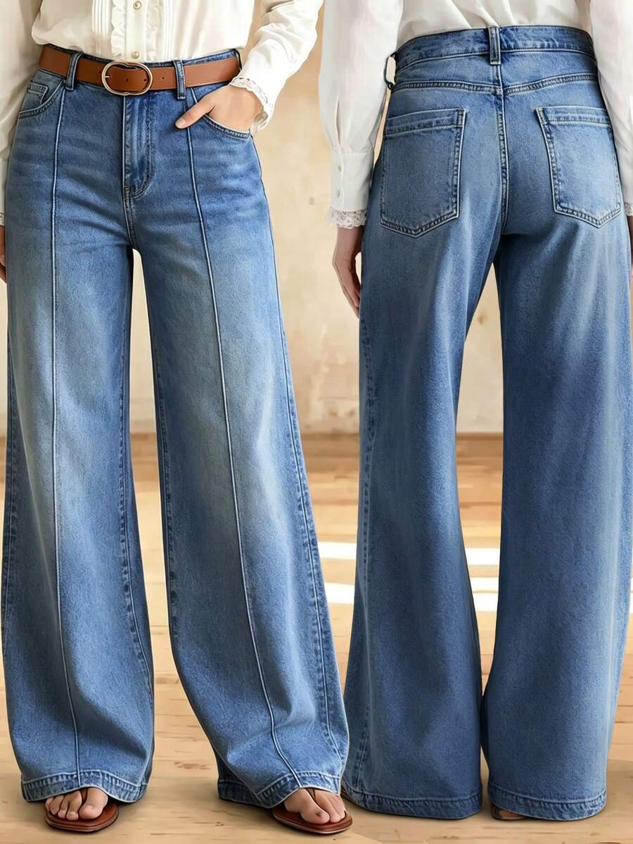Celana Jeans Wanita Pinggang Sedang dengan Potongan Lebar, Desain Jahitan Kontras, Celana Jeans Denim Vintage Washed dengan Potongan Lebar, Gaya Kasual Musim Gugur - Medium Wash - View 1