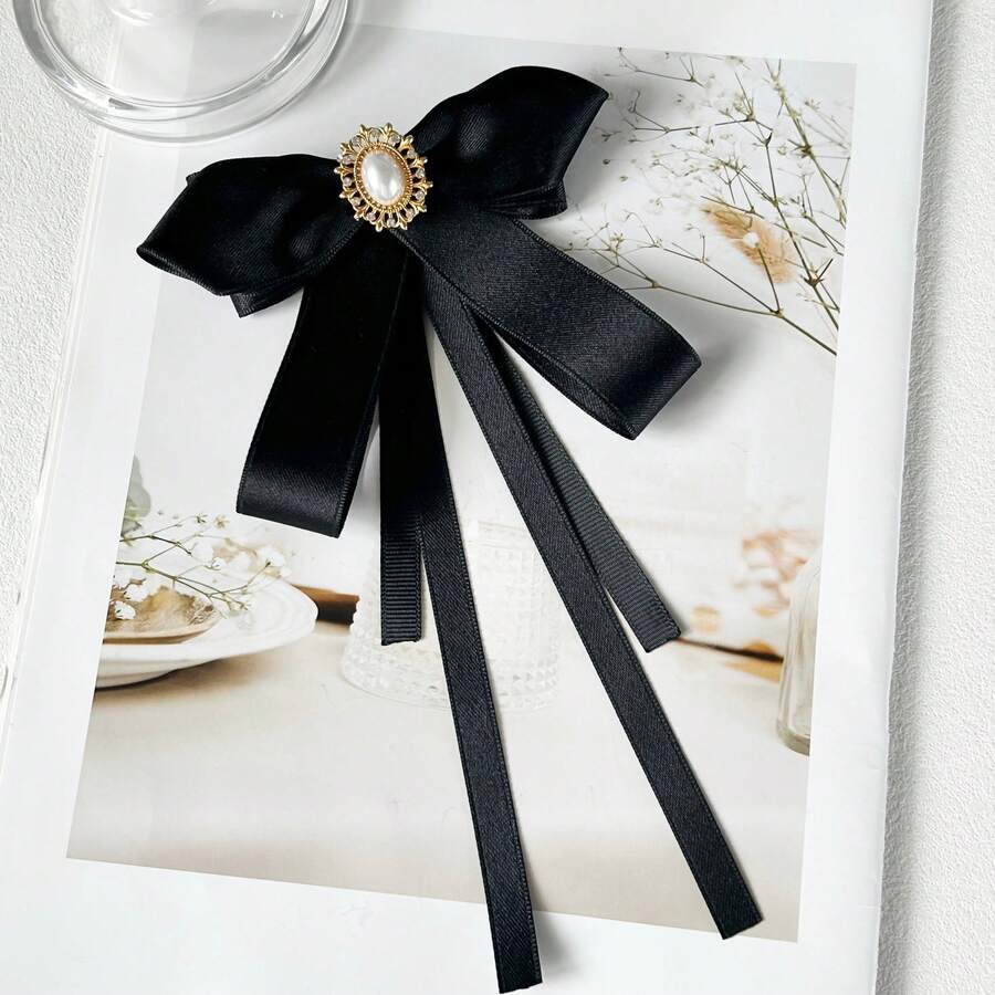 1pc Women's Elegant Exquisite Preppy Style Crystal Decorated Accessory, Solid Color Bowknot Ribbon Brooch, Can Be Worn On Shirts And Dresses For Daily Outfits, Backpack And Commute Wear, Banquet And Party Occasions, Holiday Gift - Black - View 1