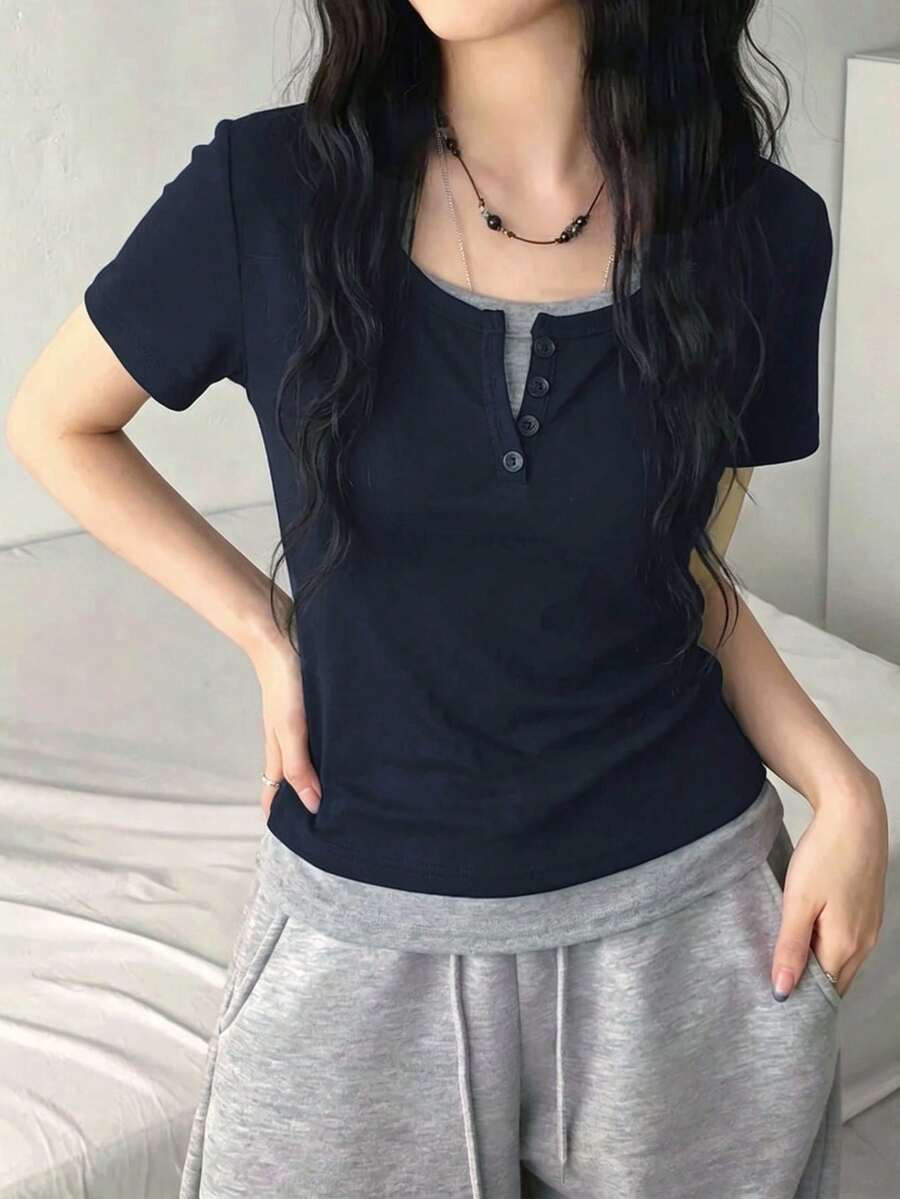 法式時尚鈕扣 2 合 1 短袖 T 恤休閒夏季款 - 藏蓝色 - 查看 1