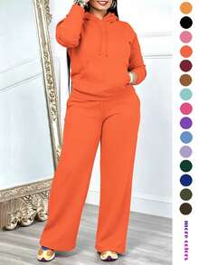 Women's Casual 2-Piece Set Solid Color Elegant Long Sleeve Hooded Drawstring Pocket Sweatshirt & Straight Leg Drawstring Pants, Lightweight & Soft, Suitable For Spring/Summer - Orange - View 4
