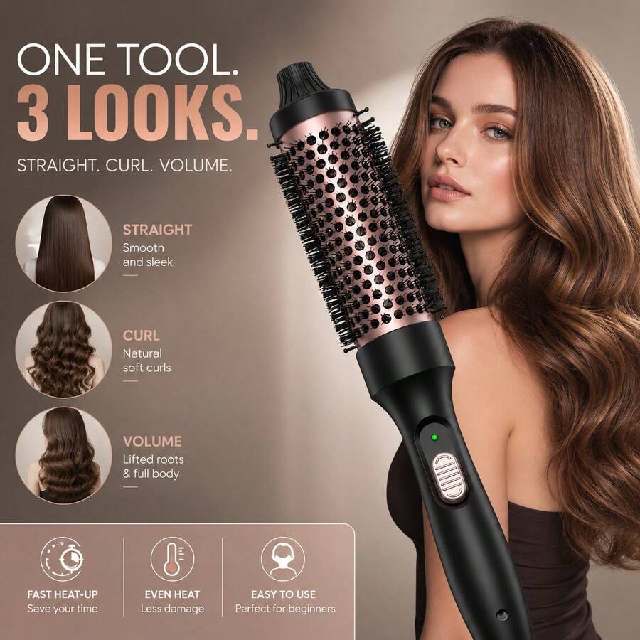 3-In-1 Curling Brush & Hair Straightener, 1.5-Inch Round Styling Brush For Soft Curls, Waves, Root Volume & Smooth Hair, Fast Styling Tool For Women, Home & Trave