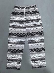 Men's Casual Beach Pants, Featuring INS Style Bohemian Orange Print With Sublimated Multi-Color Geometric Horizontal Stripes - Black and White - View 6