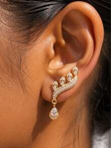 Autumn 2pcs 925 Silver Plated Unique Personalized Elegant Sparkling Rhinestone Feather Shape Water Drop Ear Climber Ear Stud Earrings - Multicolor - View 12