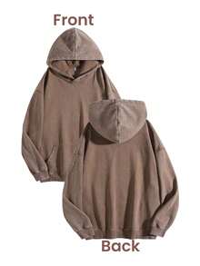 Men's Hooded Sweatshirt 400G, Heavyweight Loose Fit Hoodie, Solid Color Unisex Style, Fall & Winter Casual Wear, Couple Matching Clothing, Winter OOTD - 咖啡棕 - 查看 2