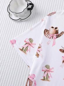 2pcs Plus Size Women's Pajama Set, Yak Floral Denim Print, Plus Size Women's Loungewear, Spring/Summer Holiday Outfit, Crew Neck Pullover Top And Shorts, Wearable Set - White - View 10