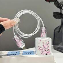 3pcs Pink Cherry Blossom Pattern Data Cable Protective Set, Anti-Breakage Cable Organizer, Compatible With IPhone 20W/18W Charger - Multicolor - View 3