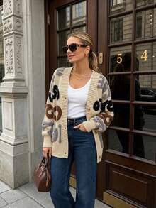 Women's Colorblock Plush V-Neck Cardigan, Front Button Closure, Dropped Shoulder Long Sleeve, Comfortable Knit Sweater For Autumn/Winter Daily Wear - Multicolor - View 4