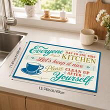 1pc Blue & Orange Letter Coffee Cup Pattern Absorbent Table Mat, Vintage American Kitchen Style, Water-Absorbent Fabric, Rectangular Edged Design, Stain-Resistant Heat-Insulating Countertop Protection, Suitable For Kitchen Sink, Coffee Corner, Dish Drying, Daily Home Decor, All Seasons - Multicolor - View 10