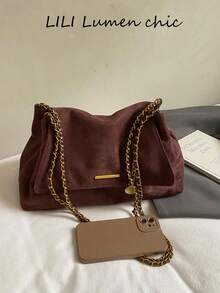 Metal Long Bar Matte Medium Capacity Flip Cover Vintage Maillard Style Chain Crossbody Bag For Women, Shopping, Dating, Commuting, INS Shoulder Underarm Bag - Coffee - View 3