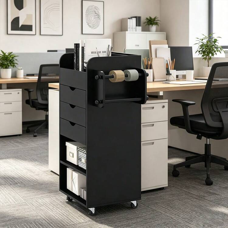 Rolling Craft Storage Cart, Utility Trolley With 2 Open Shelves, 3 Drawers, 3 Compartments & 2 Rolling Rods, Multipurpose Cart For Home, Office, Kitchen, Bathroom - Black - View 4