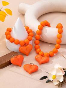 4pcs Fashion Red Beaded Heart Bracelet, Earrings, Necklace Set, Suitable For Women's Daily, Vacation, Beach, Party Wear, Gift - Orange - View 3