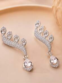 Autumn 2pcs 925 Silver Plated Unique Personalized Elegant Sparkling Rhinestone Feather Shape Water Drop Ear Climber Ear Stud Earrings - Multicolor - View 4
