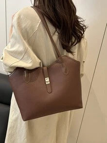 休閒商務大容量雙肩帶托特包，適合女孩與女性購物、通勤、外出、商務活動使用 - 咖啡 - 查看 4