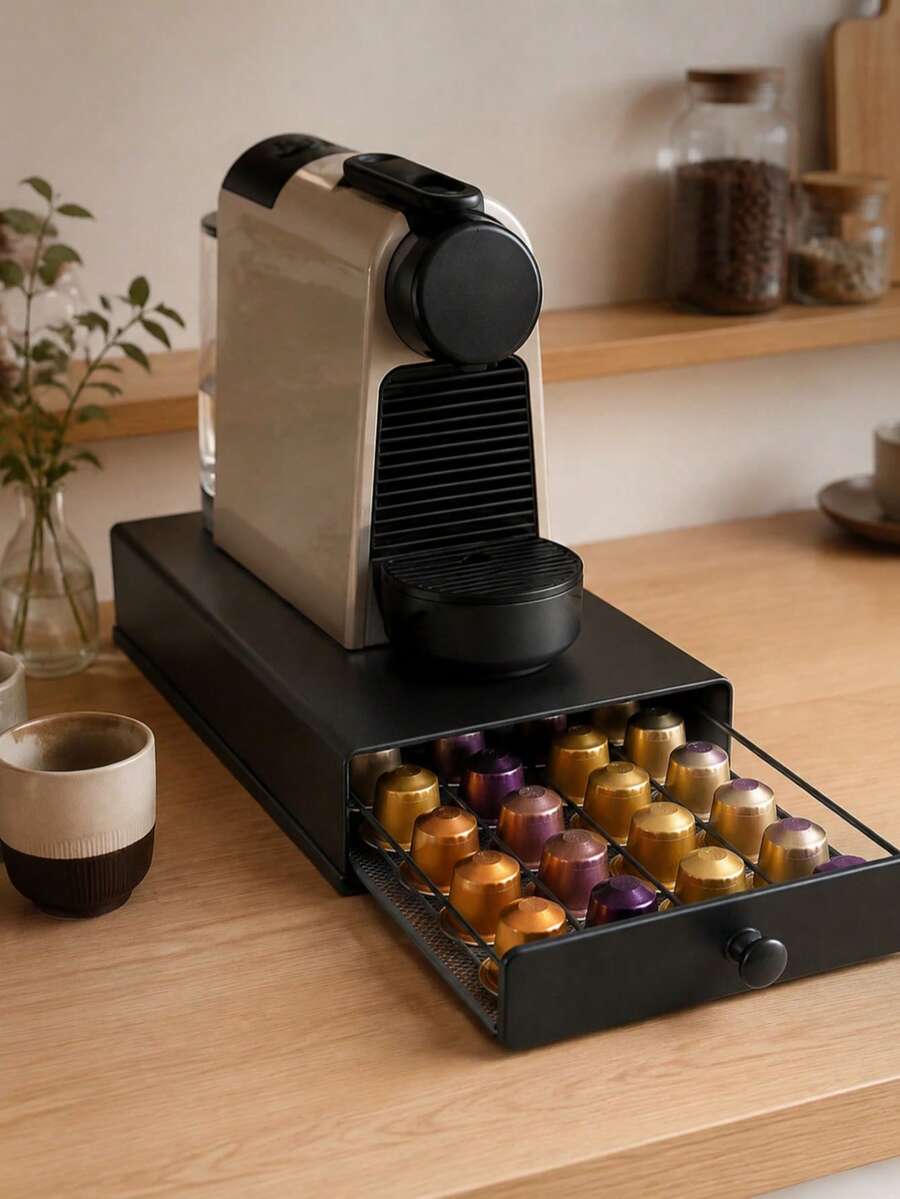 Coffee Capsule Storage Drawer Organizer With Flat Top For Small Coffee Machine, Countertop Coffee Pod Holder For Kitchen Coffee Bar Home Office, Space Saving For Coffee Lovers - Black - View 1