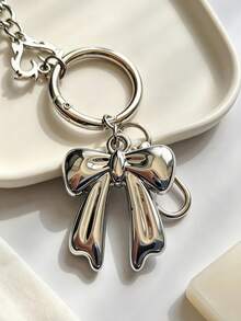 1pc Vintage Y2K Silver Bowknot Heart Keychain, Multi-Pendant Handbag/Wallet Or Keyring Decorative Accessory - Silver - View 3