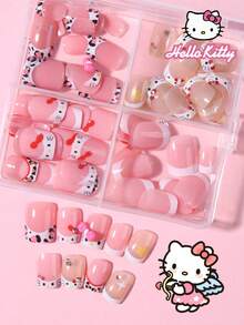 Sanrio Hello Kitty 96pcs(4mixed) Short Square Leopard Print & Cow Print French Press On Nail With Cute Hello Kitty,Bow And Rhinestones Design,Fit False Nail Set,Including 1 Jelly Gule And 1 Nail File, For Women Girls Daily Party And Gathering Use - Multicolor - View 2