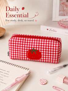 1pc Tomato Plaid Pattern Pencil Case, Fashionable High-Quality Stationery Storage Box And Desk Organizer, Portable Large Capacity Pen Bag, Student Gift, School Supplies, Christmas Gift, Back To School Essential - Tomato Plaid Pencil Case - View 6