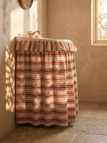 1/2pcs Beige With Red Horizontal Stripes Fabric Wash Basin Skirt, Warm Pastoral Style, Round Top With Ruffle Edge And Gathered Hem Detail, Covers Wash Basin Pipes And Decorative Beautification Function, Suitable For Warm Tone Bathroom And Cozy Home Decor Scenes - Red - View 3