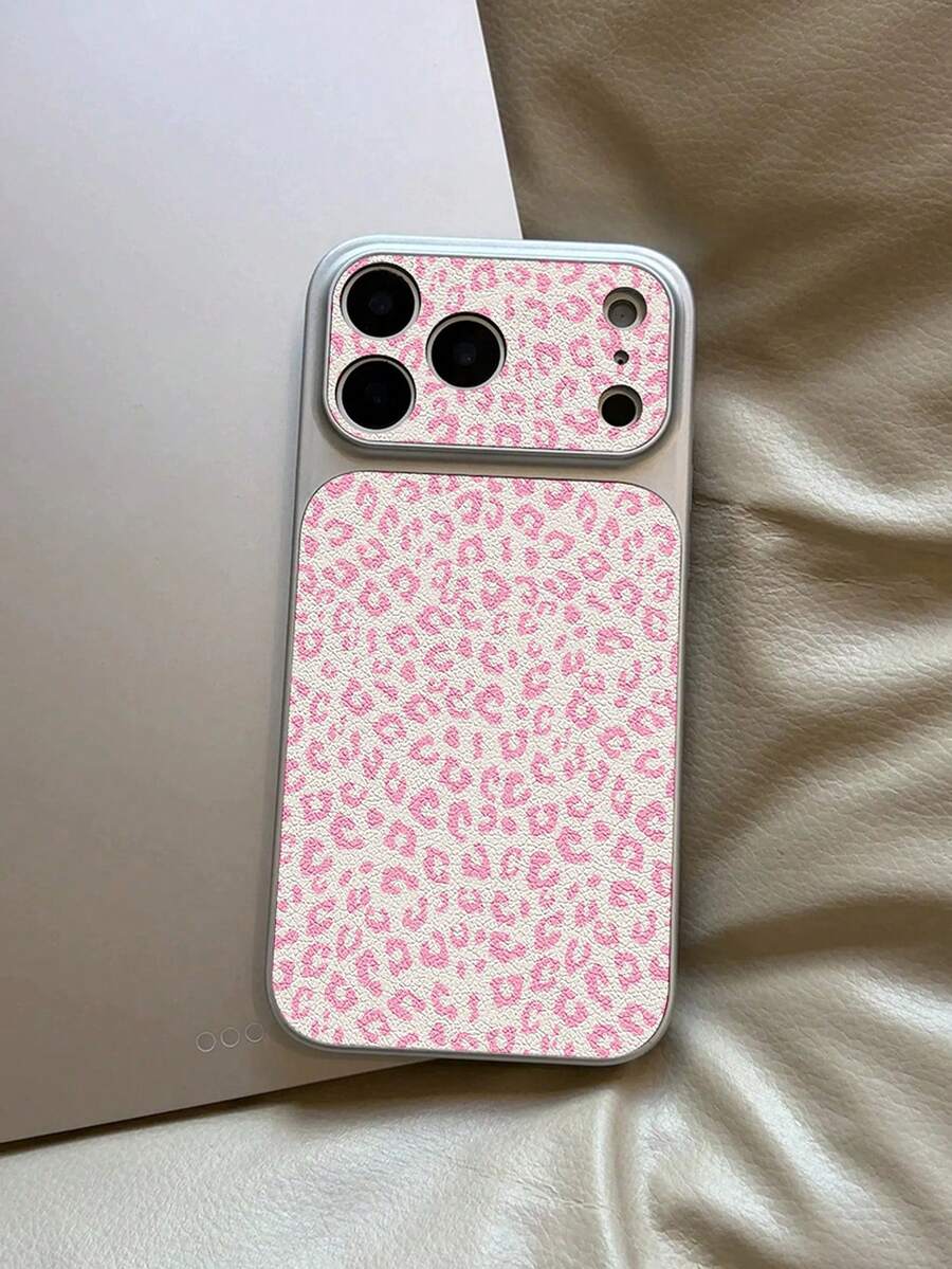 1pc Pink & White Leopard Print Anti-Drop Leather Texture Integrated Camera Frame Full Coverage Phone Case, Suitable For 11/12/13/14/15/16/17/18, Sweet & Cool Girl Style Protective Cover - Silver - View 1