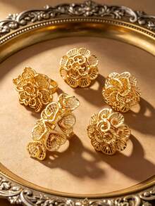 4/5pcs Women's 18K Gold Plated Hollow Flower Adjustable Open Ring, Vintage Personalized Wedding Finger Ring - Gold - View 2
